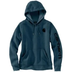'Carhartt' Women's Clarksburg Logo Sleeve Graphic Hoodie - Night Blue Heather